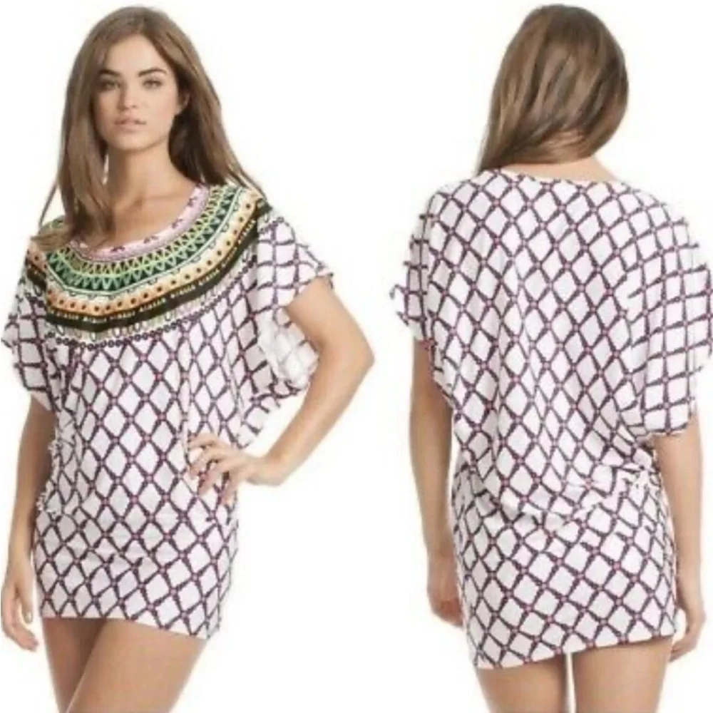 Trina Turk Kon Tiki Cover Up Tunic Top Swimsuit Coverup Large white pink Black